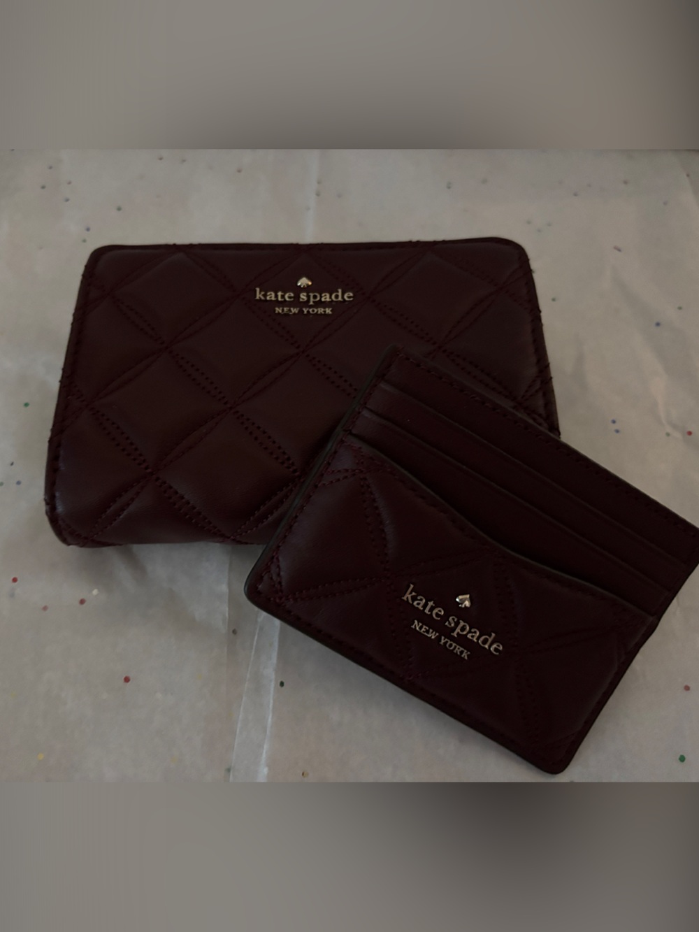 kate spade Quilted Card Holder and Zip Wallet in Burgundy with Gold Logo